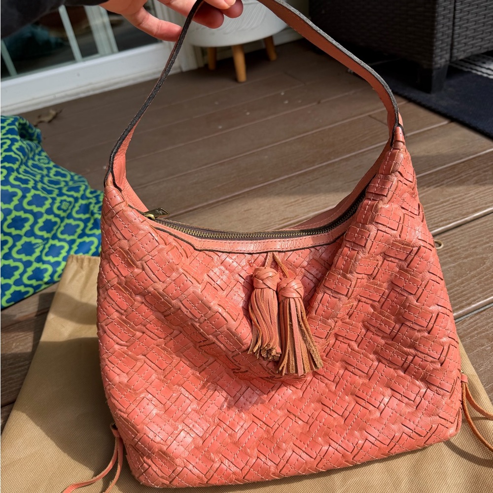 Patricia Nash Coral Woven Leather Shoulder Bag with Tassel